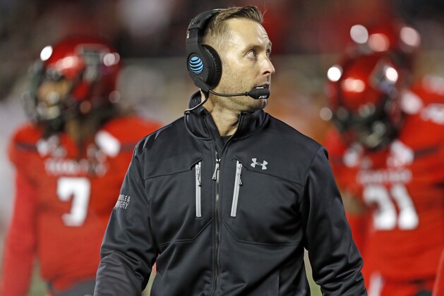 FILE - In this Nov. 10, 2018, file photo, Texas Tech Kliff Kingsbury walks off the field during the first half of an NCAA college football game against Texas, in Lubbock, Texas. Former Texas Tech quarterback Kliff Kingsbury is again on the hot seat as coach of his alma mater. (AP Photo/Brad Tollefson, File)