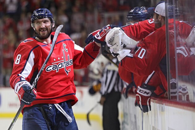 WASHINGTON, DC - DECEMBER 15: Alex Ovechkin #8 of the Washington Capitals celebrates after scoring in a shootout against the Buffalo Sabres at Capital One Arena on December 15, 2018 in Washington, DC. (Photo by Patrick Smith/Getty Images)