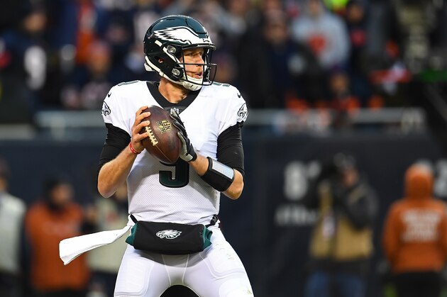 CHICAGO, ILLINOIS - JANUARY 06:  Nick Foles #9 of the Philadelphia Eagles looks to pass during the NFC Wild Card Playoff game against the Chicago Bears at Soldier Field on January 06, 2019 in Chicago, Illinois.  The Eagles defeated the Bears 16-15. (Photo by Stacy Revere/Getty Images)