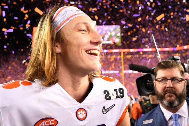 SANTA CLARA, CA - JANUARY 07: Trevor Lawrence #16 of the Clemson Tigers celebrates after defeating the Alabama Crimson Tide during the College Football Playoff National Championship held at Levi's Stadium on January 7, 2019 in Santa Clara, California. Clemson defeated Alabama 44-16. (Photo by Jamie Schwaberow/Getty Images)