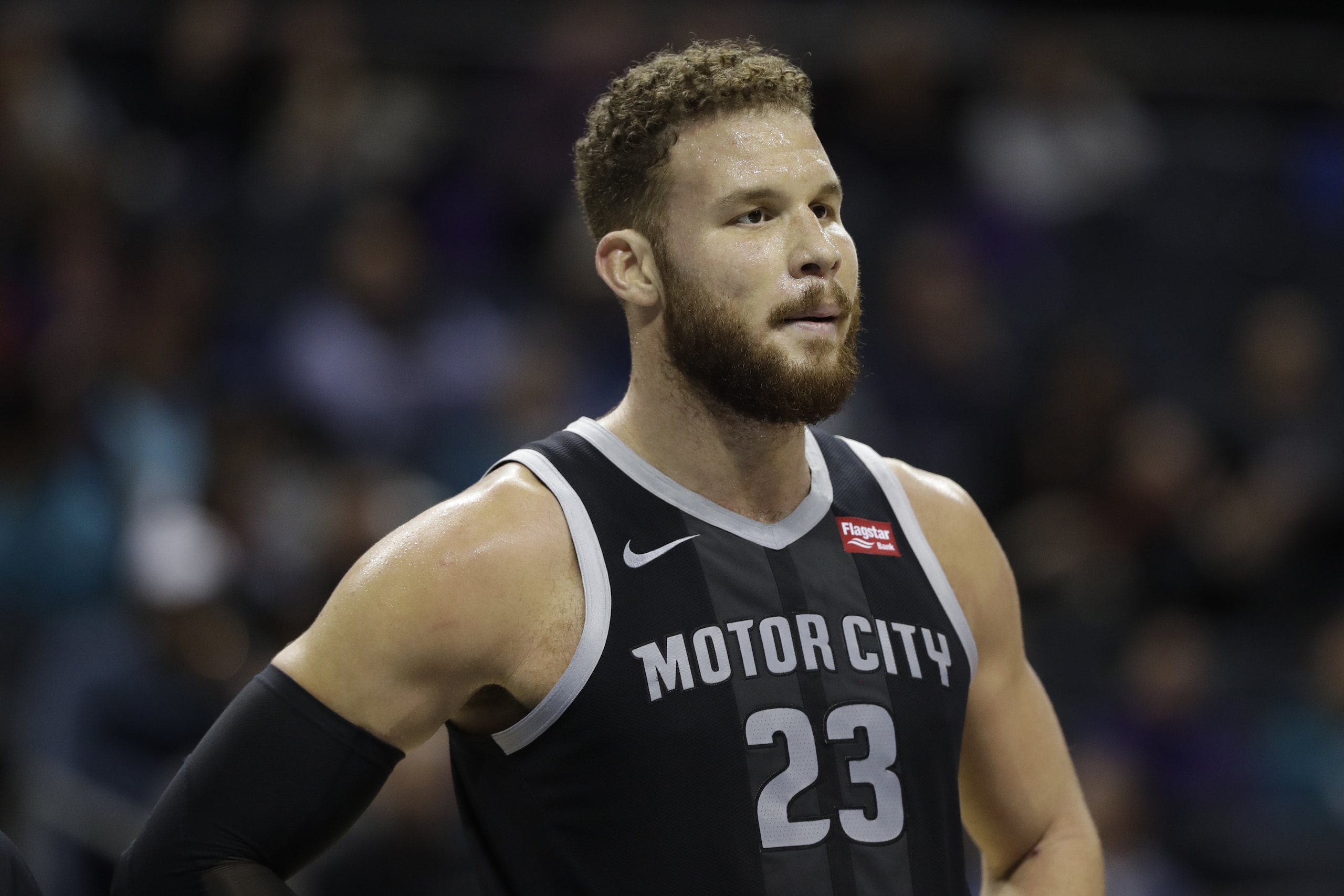 Detroit Pistons' Blake Griffin (23) waits for a free throw during the first half of an NBA basketball game against the Charlotte Hornets in Charlotte, N.C., Wednesday, Dec. 12, 2018. (AP Photo/Chuck Burton)