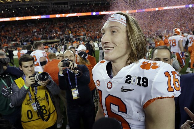 Clemson's Trevor Lawrence celebrates after the NCAA college football playoff championship game against Alabama, Monday, Jan. 7, 2019, in Santa Clara, Calif. Clemson beat Alabama 44-16. (AP Photo/David J. Phillip)