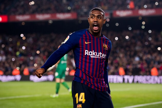 BARCELONA, SPAIN - DECEMBER 05: Malcom of FC Barcelona celebrates after scoring his team's third goal during the Copa del Rey fourth round second leg match between FC Barcelona and Cultural Leonesa at Camp Nou on December 05, 2018 in Barcelona, Spain. (Photo by Alex Caparros/Getty Images)