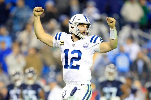 NASHVILLE, TN - DECEMBER 30:  Andrew Luck #12 of the Indianapolis Colts celebrates a touchdown against the Tennessee Titans at Nissan Stadium on December 30, 2018 in Nashville, Tennessee.  (Photo by Andy Lyons/Getty Images)