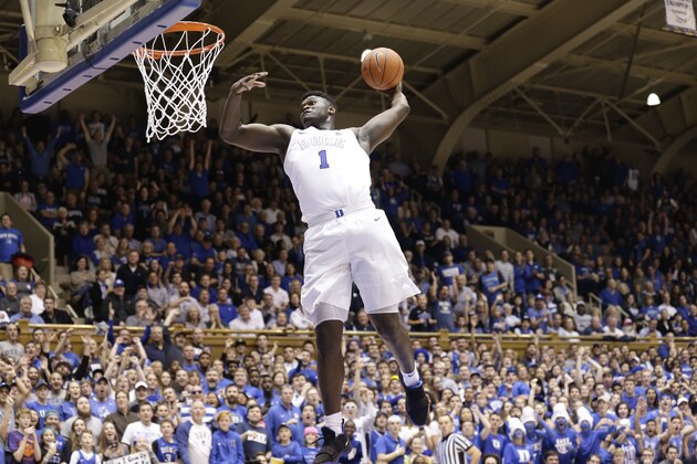 Duke's Zion Williamson (1) drives for a dunk against Clemson during the second half of an NCAA college basketball game in Durham, N.C., Saturday, Jan. 5, 2019. (AP Photo/Gerry Broome)