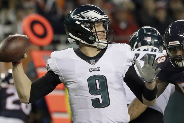 Philadelphia Eagles quarterback Nick Foles (9) passes during the first half of an NFL wild-card playoff football game against the Chicago Bears Sunday, Jan. 6, 2019, in Chicago. (AP Photo/Nam Y. Huh) Philadelphia Eagles quarterback Nick Foles (9) passes during the first half of an NFL wild-card playoff football game against the Chicago Bears Sunday, Jan. 6, 2019, in Chicago. (AP Photo/Nam Y. Huh)