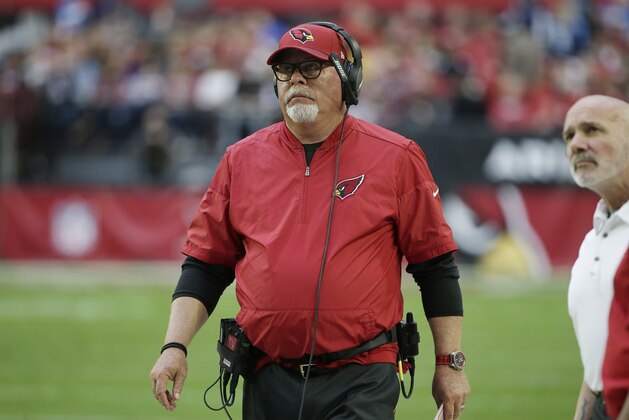 Arizona Cardinals head coach Bruce Arians paces the sidelines during the second half of an NFL football game against the Tennessee Titans, Sunday, Dec. 10, 2017, in Glendale, Ariz. The Cardinals defeated the Titans 12-7. (AP Photo/Rick Scuteri)