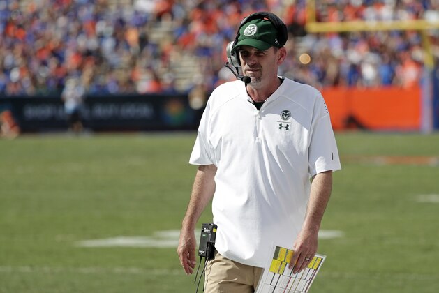 Colorado State head coach Mike Bobo walks along the sideline during the first half of an NCAA college football game against Florida, Saturday, Sept. 15, 2018, in Gainesville, Fla. (AP Photo/John Raoux)