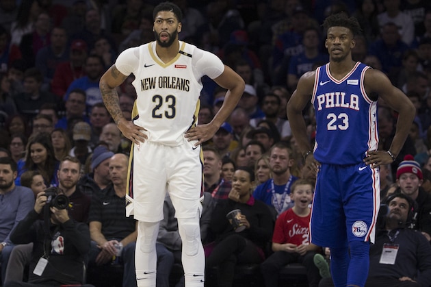 PHILADELPHIA, PA - NOVEMBER 21: Anthony Davis #23 of the New Orleans Pelicans and Jimmy Butler #23 of the Philadelphia 76ers look on at the Wells Fargo Center on November 21, 2018 in Philadelphia, Pennsylvania. NOTE TO USER: User expressly acknowledges and agrees that, by downloading and or using this photograph, User is consenting to the terms and conditions of the Getty Images License Agreement. (Photo by Mitchell Leff/Getty Images)