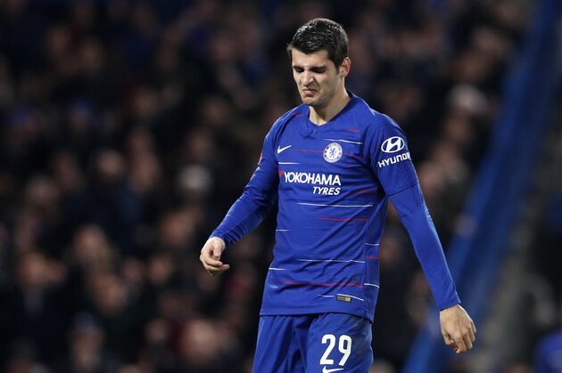 Chelsea's Alvaro Morata reacts after scoring his side's second goal during the English FA Cup third round soccer match between Chelsea and Nottingham Forest at Stamford Bridge in London, Saturday, Jan. 5, 2019. (AP Photo/Alastair Grant)