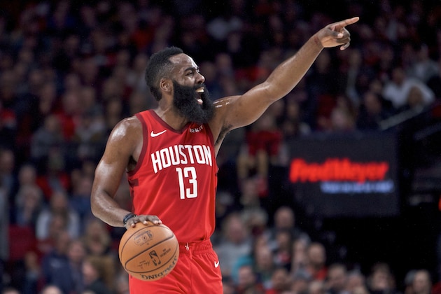 Houston Rockets guard James Harden gestures during the first half of an NBA basketball game against the Portland Trail Blazers in Portland, Ore., Saturday, Jan. 5, 2019. (AP Photo/Craig Mitchelldyer)