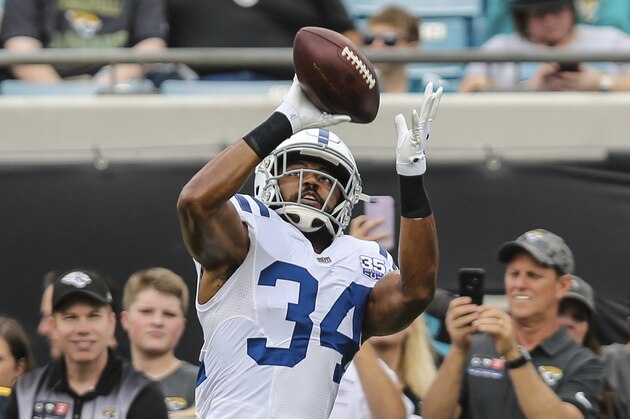 Indianapolis Colts strong safety Mike Mitchell (34) during warm-ups before an NFL football game in Jacksonville, Fla., Sunday, Dec. 2, 2018. (AP Photo/Gary McCullough)