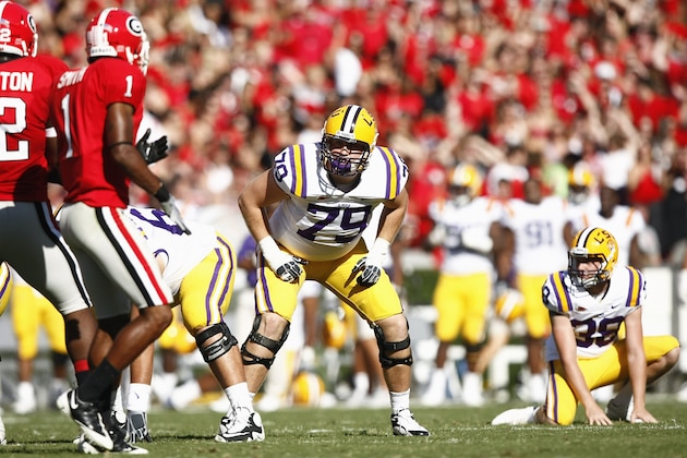 ATHENS, GA - OCTOBER 3: Matt Branch #79 of the LSU Tigers lines up to block against the Georgia Bulldogs at Sanford Stadium on October 3, 2009 in Athens, Georgia. LSU won 20-13. (Photo by Joe Robbins/Getty Images)