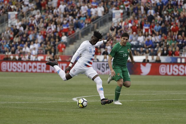 United States' Tim Weah in action during an international friendly soccer match against Bolivia, Monday, May 28, 2018, in Chester, Pa. (AP Photo/Matt Slocum)