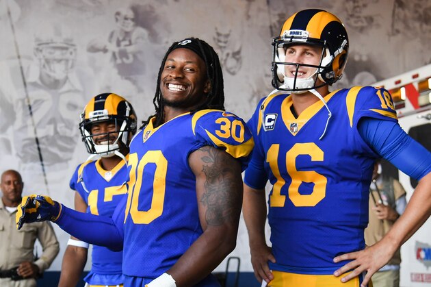 LOS ANGELES, CA - SEPTEMBER 27: Running back Todd Gurley #30 and quarterback Jared Goff #16 of the Los Angeles Rams enter the stadium through the tunnel area of their game against the Minnesota Vikings at Los Angeles Memorial Coliseum on September 27, 2018 in Los Angeles, California. (Photo by Harry How/Getty Images)