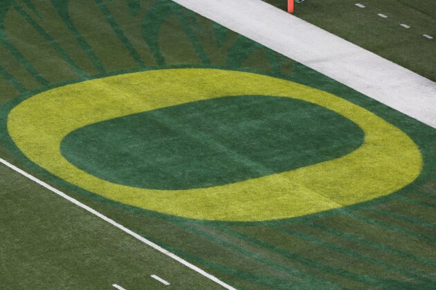 The Oregon logo is seen during the first half of the Alamo Bowl NCAA college football game against TCU, Saturday, Jan. 2, 2016, in San Antonio. (AP Photo/Austin Gay) The Oregon logo is seen during the first half of the Alamo Bowl NCAA college football game against TCU, Saturday, Jan. 2, 2016, in San Antonio. (AP Photo/Austin Gay)