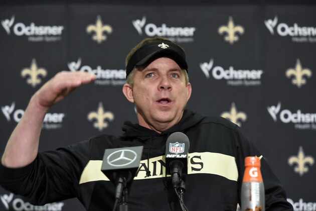 New Orleans Saints head coach Sean Payton speaks to media after an NFL football game against the Carolina Panthers in New Orleans, Sunday, Dec. 30, 2018. The Panthers won 33-14. (AP Photo/Bill Feig)