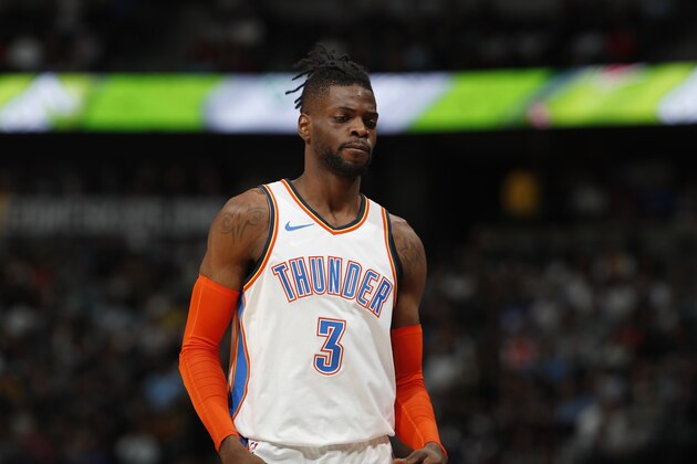 Oklahoma City Thunder forward Nerlens Noel (3) in the second half of an NBA basketball game Friday, Dec. 14, 2018, in Denver. The Nuggets won 109-98. (AP Photo/David Zalubowski)