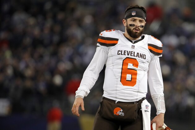 Cleveland Browns quarterback Baker Mayfield stands on the field in the second half of an NFL football game against the Baltimore Ravens, Sunday, Dec. 30, 2018, in Baltimore. Baltimore won 26-24. (AP Photo/Carolyn Kaster)
