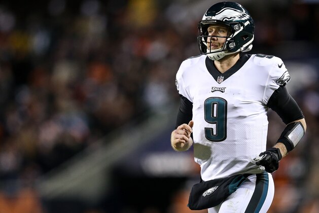 CHICAGO, ILLINOIS - JANUARY 06:  Nick Foles #9 of the Philadelphia Eagles jogs across the field in the fourth quarter of the NFC Wild Card Playoff game against the Chicago Bears at Soldier Field on January 06, 2019 in Chicago, Illinois. (Photo by Dylan Buell/Getty Images)