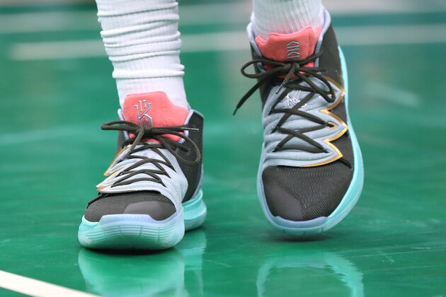 BOSTON, MASSACHUSETTS - JANUARY 09: A detail of Kyrie Irving #11 of the Boston Celtics' shoes during the first half of the game against the Indiana Pacers at TD Garden on January 09, 2019 in Boston, Massachusetts. NOTE TO USER: User expressly acknowledges and agrees that, by downloading and or using this photograph, User is consenting to the terms and conditions of the Getty Images License Agreement. (Photo by Maddie Meyer/Getty Images)