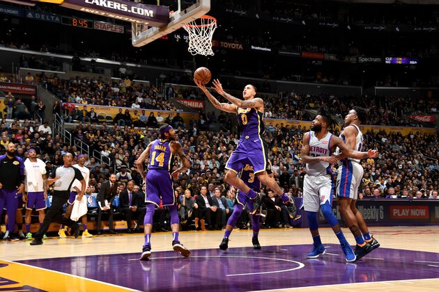 LOS ANGELES, CA - JANUARY 9: Kyle Kuzma #0 of the Los Angeles Lakers shoots the ball against the Detroit Pistons on January 9, 2019 at STAPLES Center in Los Angeles, California. NOTE TO USER: User expressly acknowledges and agrees that, by downloading and/or using this Photograph, user is consenting to the terms and conditions of the Getty Images License Agreement. Mandatory Copyright Notice: Copyright 2019 NBAE (Photo by Andrew D. Bernstein/NBAE via Getty Images)