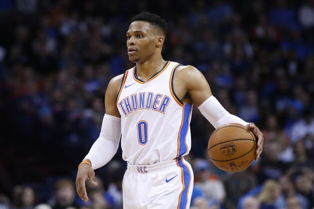 Oklahoma City Thunder guard Russell Westbrook (0) during an NBA basketball game between the Minnesota Timberwolves and the Oklahoma City Thunder in Oklahoma City, Tuesday, Jan. 8, 2019. (AP Photo/Sue Ogrocki)