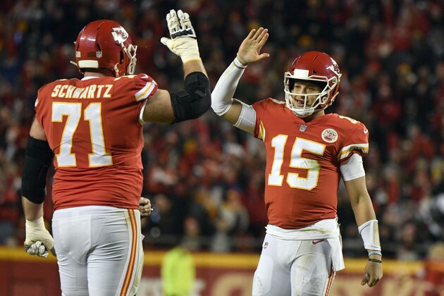 Kansas City Chiefs quarterback Patrick Mahomes (15) celebrates with offensive tackle Mitchell Schwartz (71) following a Chiefs touchdown against the Oakland Raiders during the second half of an NFL football game in Kansas City, Mo., Sunday, Dec. 30, 2018. (AP Photo/Ed Zurga)