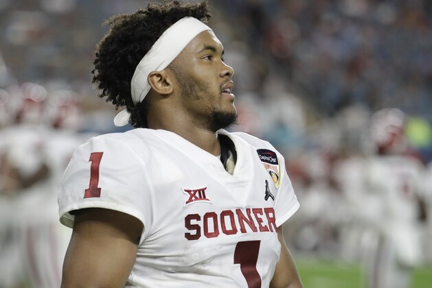 Oklahoma quarterback Kyler Murray (1) looks up, during the first half of the Orange Bowl NCAA college football game against Alabama, Saturday, Dec. 29, 2018, in Miami Gardens, Fla. (AP Photo/Lynne Sladky)