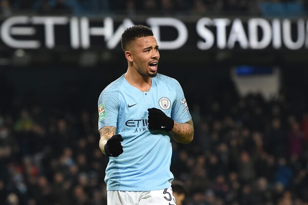 Manchester City's Brazilian striker Gabriel Jesus celebrates after scoring his third goal and City's fifth during the League Cup first leg semi-final football match between Manchester City and Burton Albion at the Etihad stadium in Manchester, northwest England on January 9, 2019. (Photo by Paul ELLIS / AFP)        (Photo credit should read PAUL ELLIS/AFP/Getty Images)