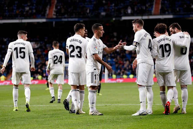 MADRID, SPAIN - JANUARY 9: (L-R) Federico Valverde of Real Madrid, Dani Ceballos of Real Madrid, Sergio Reguilon of Real Madrid, Cristo G. of Real Madrid, Sergio Ramos of Real Madrid, Alvaro Odriozola of Real Madrid, Nacho of Real Madrid celebrate goal during the Spanish Copa del Rey  match between Real Madrid v Leganes at the Santiago Bernabeu on January 9, 2019 in Madrid Spain (Photo by David S. Bustamante/Soccrates/Getty Images)