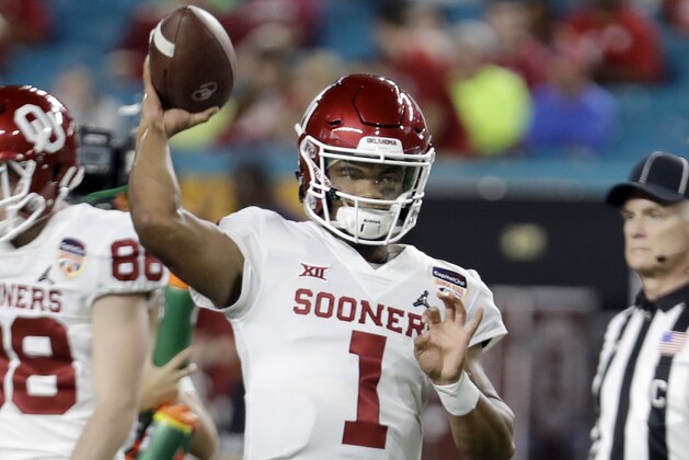 Oklahoma quarterback Kyler Murray (1) warms up before the Orange Bowl NCAA college football game against Alabama, Saturday, Dec. 29, 2018, in Miami Gardens, Fla. (AP Photo/Lynne Sladky)