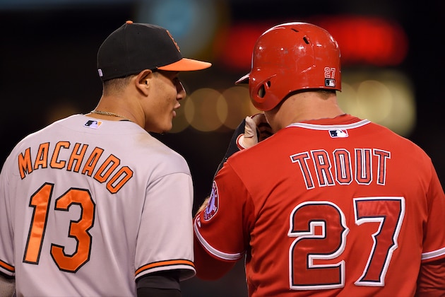 ANAHEIM, CA - AUGUST 8: Manny Machado #13 of the Baltimore Orioles and Mike Trout #27 of the Los Angeles Angels of Anaheim talk during the game at Angel Stadium of Anaheim on August 8, 2015 in Anaheim, California. (Photo by Matt Brown/Angels Baseball LP/Getty Images)