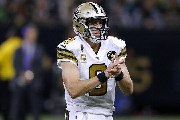 NEW ORLEANS, LA - NOVEMBER 18: Drew Brees #9 of the New Orleans Saints reacts during a game against the Philadelphia Eagles at the Mercedes-Benz Superdome on November 18, 2018 in New Orleans, Louisiana. (Photo by Jonathan Bachman/Getty Images) NEW ORLEANS, LA - NOVEMBER 18: Drew Brees #9 of the New Orleans Saints reacts during a game against the Philadelphia Eagles at the Mercedes-Benz Superdome on November 18, 2018 in New Orleans, Louisiana. (Photo by Jonathan Bachman/Getty Images)