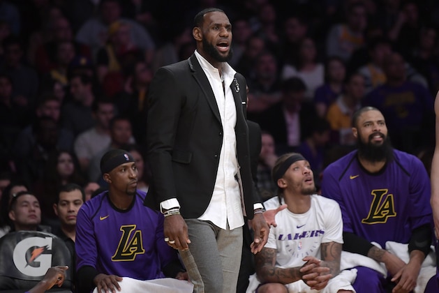Los Angeles Lakers forward LeBron James stands near the bench during the second half of an NBA basketball game against the New York Knicks Friday, Jan. 4, 2019, in Los Angeles. The Knicks won 119-112. (AP Photo/Mark J. Terrill)