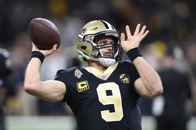 New Orleans Saints quarterback Drew Brees (9) warms up before an NFL football game against the Pittsburgh Steelers in New Orleans, Sunday, Dec. 23, 2018. (AP Photo/Bill Feig)