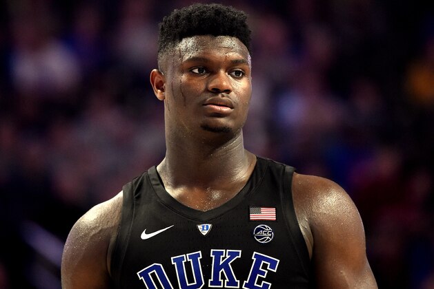WINSTON-SALEM, NC - JANUARY 08: Zion Williamson #1 of the Duke Blue Devils looks on against the Wake Forest Demon Deacons at LJVM Coliseum Complex on January 8, 2019 in Winston-Salem, North Carolina. Duke won 87-65. (Photo by Lance King/Getty Images)