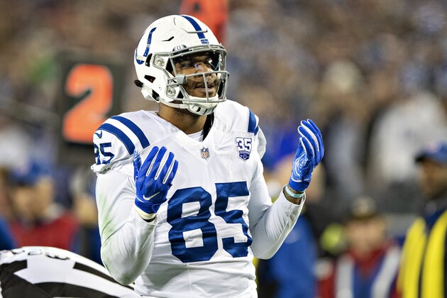 NASHVILLE, TN - DECEMBER 30:  Eric Ebron #85 of the Indianapolis Colts celebrates after making a big catch during a game against the Tennessee Titans at Nissan Stadium on December 30, 2018 in Nashville, Tennessee.  The Colts defeated the Titans 33-17.   (Photo by Wesley Hitt/Getty Images)