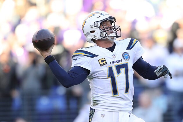 BALTIMORE, MARYLAND - JANUARY 06: Quarterback Philip Rivers #17 of the Los Angeles Chargers in action against the Baltimore Ravens during the AFC Wild Card Playoff game at M&T Bank Stadium on January 06, 2019 in Baltimore, Maryland. (Photo by Patrick Smith/Getty Images)