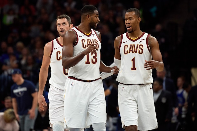 MINNEAPOLIS, MN - OCTOBER 19: (L-R) Kevin Love #0, Tristan Thompson #13 and Rodney Hood #1 of the Cleveland Cavaliers look on during the game against the Minnesota Timberwolves on October 19, 2018 at the Target Center in Minneapolis, Minnesota. The Timberwolves defeated the Cavaliers 131-123. NOTE TO USER: User expressly acknowledges and agrees that, by downloading and or using this Photograph, user is consenting to the terms and conditions of the Getty Images License Agreement. (Photo by Hannah Foslien/Getty Images)