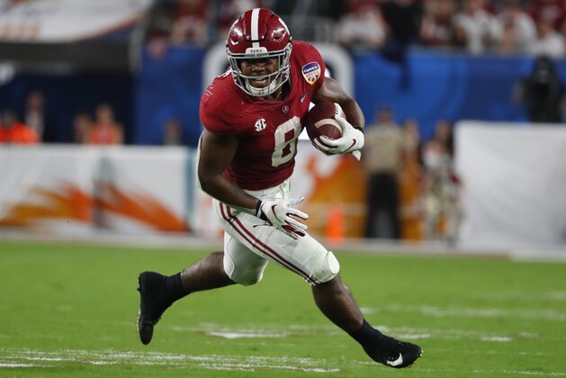 Alabama running back Josh Jacobs (8) runs the ball, during the first half of the Orange Bowl NCAA college football game against Oklahoma, Saturday, Dec. 29, 2018, in Miami Gardens, Fla. (AP Photo/Wilfredo Lee)