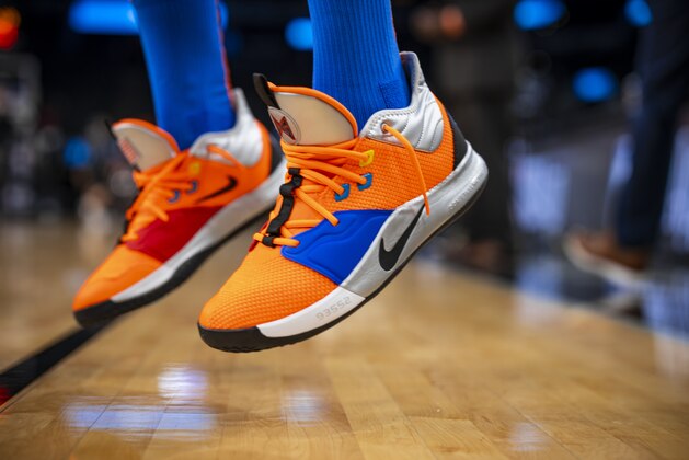 SAN ANTONIO, TX - JANUARY 10: The sneakers of Paul George #13 of the Oklahoma City Thunder are seen against the San Antonio Spurs  on January 10, 2019 at the AT&T Center in San Antonio, Texas. NOTE TO USER: User expressly acknowledges and agrees that, by downloading and or using this photograph, user is consenting to the terms and conditions of the Getty Images License Agreement. Mandatory Copyright Notice: Copyright 2019 NBAE (Photos by Zach Beeker/NBAE via Getty Images)
