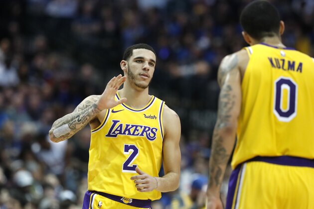 Los Angeles Lakers guard Lonzo Ball (2) after scoring during the second half of an NBA basketball against the Dallas Mavericks game in Dallas, Monday, Jan. 7, 2019. (AP Photo/LM Otero)