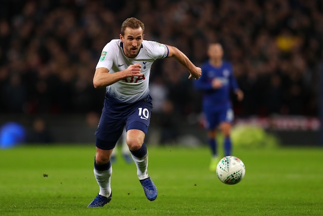 LONDON, ENGLAND - JANUARY 08: Harry Kane of Tottenham Hotspur during Carabao Cup Semi-Final between Tottenham Hotspur and Chelsea at Wembley Stadium on January 8, 2019 in London, England. (Photo by Catherine Ivill/Getty Images)