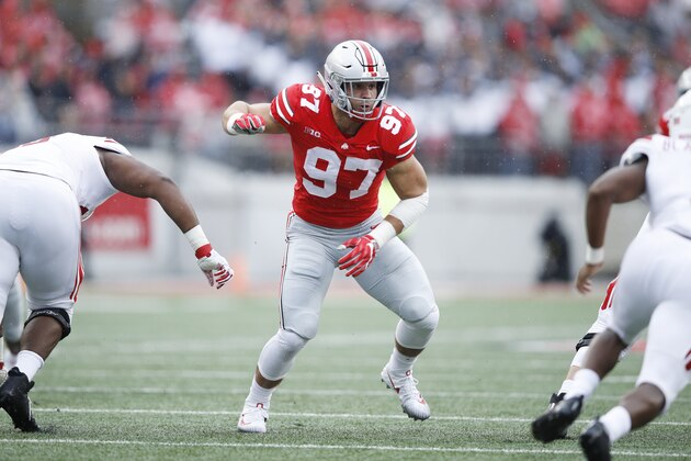 COLUMBUS, OH - SEPTEMBER 08: Nick Bosa #97 of the Ohio State Buckeyes in action during the game against the Rutgers Scarlet Knights at Ohio Stadium on September 8, 2018 in Columbus, Ohio. Ohio State won 52-3. (Photo by Joe Robbins/Getty Images)