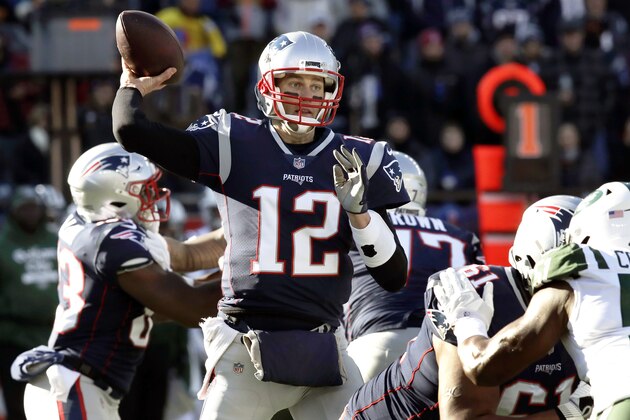 New England Patriots quarterback Tom Brady passes under pressure from the New York Jets during the first half of an NFL football game, Sunday, Dec. 30, 2018, in Foxborough, Mass. (AP Photo/Charles Krupa)