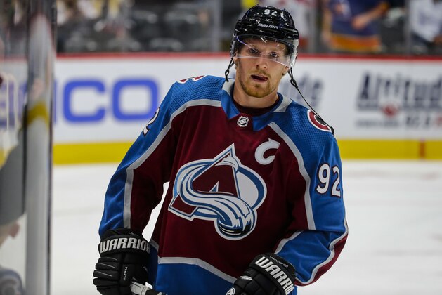 Colorado Avalanche left wing Gabriel Landeskog (92) skates during warm-ups before the start of a preseason NHL hockey game between the Colorado Avalanche and the Vegas Golden Knights, Tuesday, Sept. 18, 2018, in Denver. (AP Photo/Jack Dempsey) Colorado Avalanche left wing Gabriel Landeskog (92) skates during warm-ups before the start of a preseason NHL hockey game between the Colorado Avalanche and the Vegas Golden Knights, Tuesday, Sept. 18, 2018, in Denver. (AP Photo/Jack Dempsey)