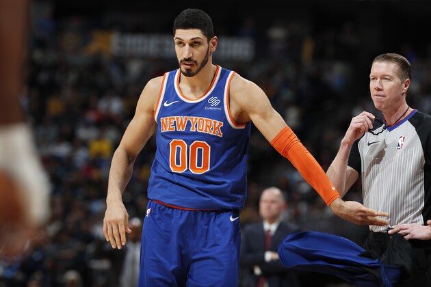 New York Knicks center Enes Kanter (00) in the second half of an NBA basketball game Tuesday, Jan. 1, 2019, in Denver. The Nuggets won 115-108. (AP Photo/David Zalubowski)