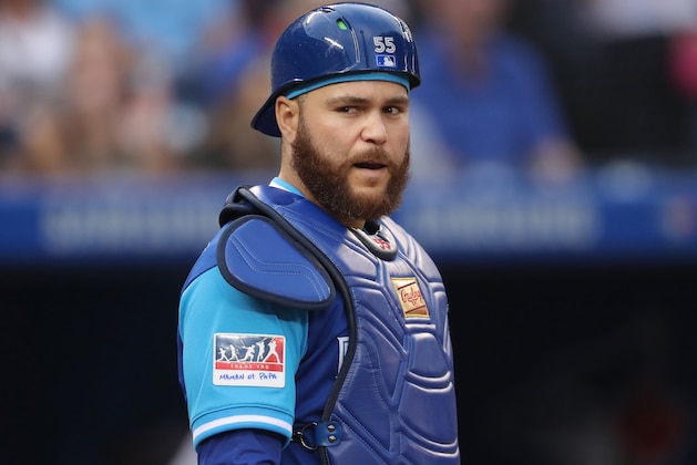 TORONTO, ON - AUGUST 24: Russell Martin #55 of the Toronto Blue Jays looks on from behind home plate on Players Weekend during MLB game action against the Philadelphia Phillies at Rogers Centre on August 24, 2018 in Toronto, Canada. (Photo by Tom Szczerbowski/Getty Images)