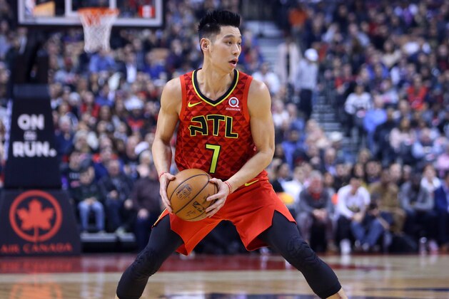 TORONTO, ON - JANUARY 8:  Jeremy Lin #7 of the Atlanta Hawks dribbles the ball during the first half of an NBA game against the Toronto Raptors at Scotiabank Arena on January 8, 2019 in Toronto, Canada.  NOTE TO USER: User expressly acknowledges and agrees that, by downloading and or using this photograph, User is consenting to the terms and conditions of the Getty Images License Agreement.  (Photo by Vaughn Ridley/Getty Images)